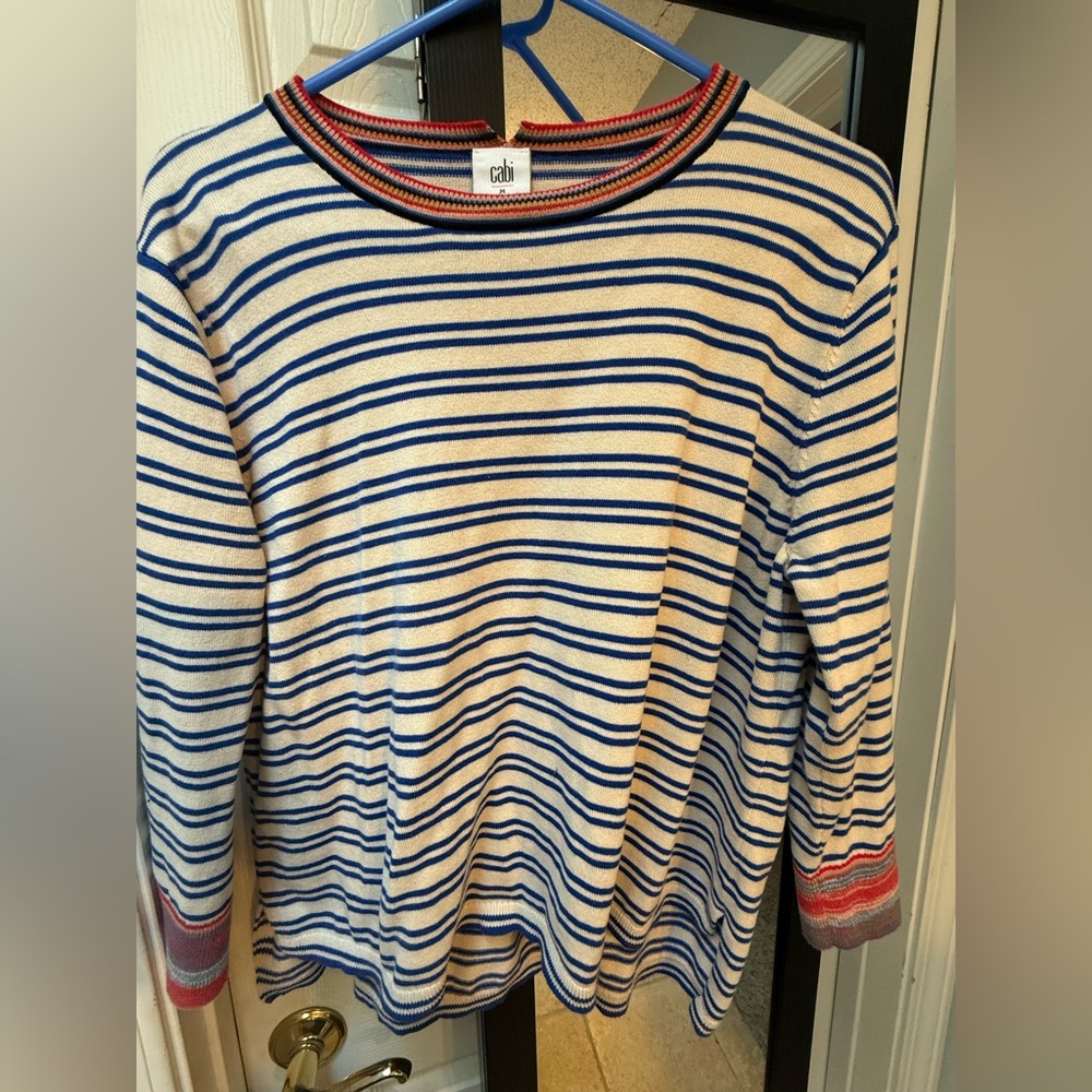 CAbi Striped sweater in Blue, Cream & red Accents